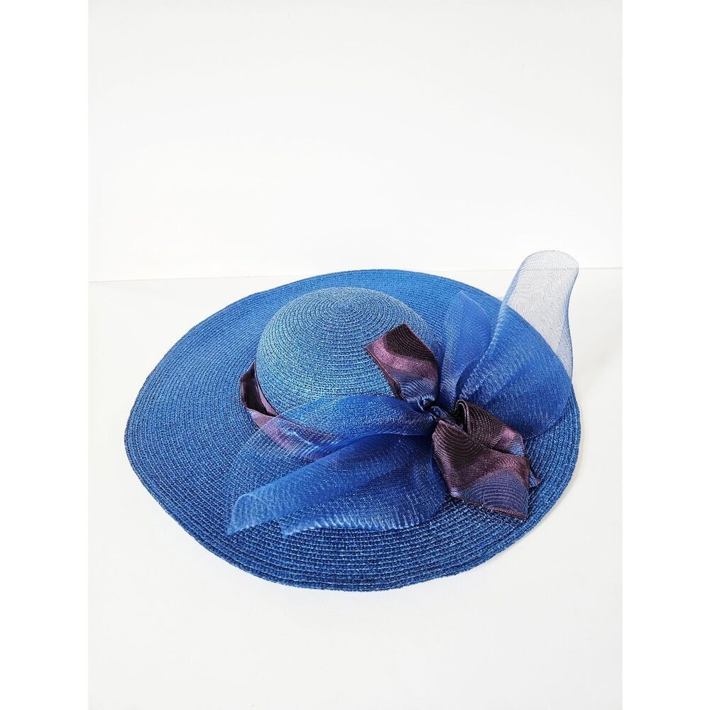 Vintage Georgi Sapphire Blue Straw Raffia Wide Brim Bow Accent Boater Derby Hat